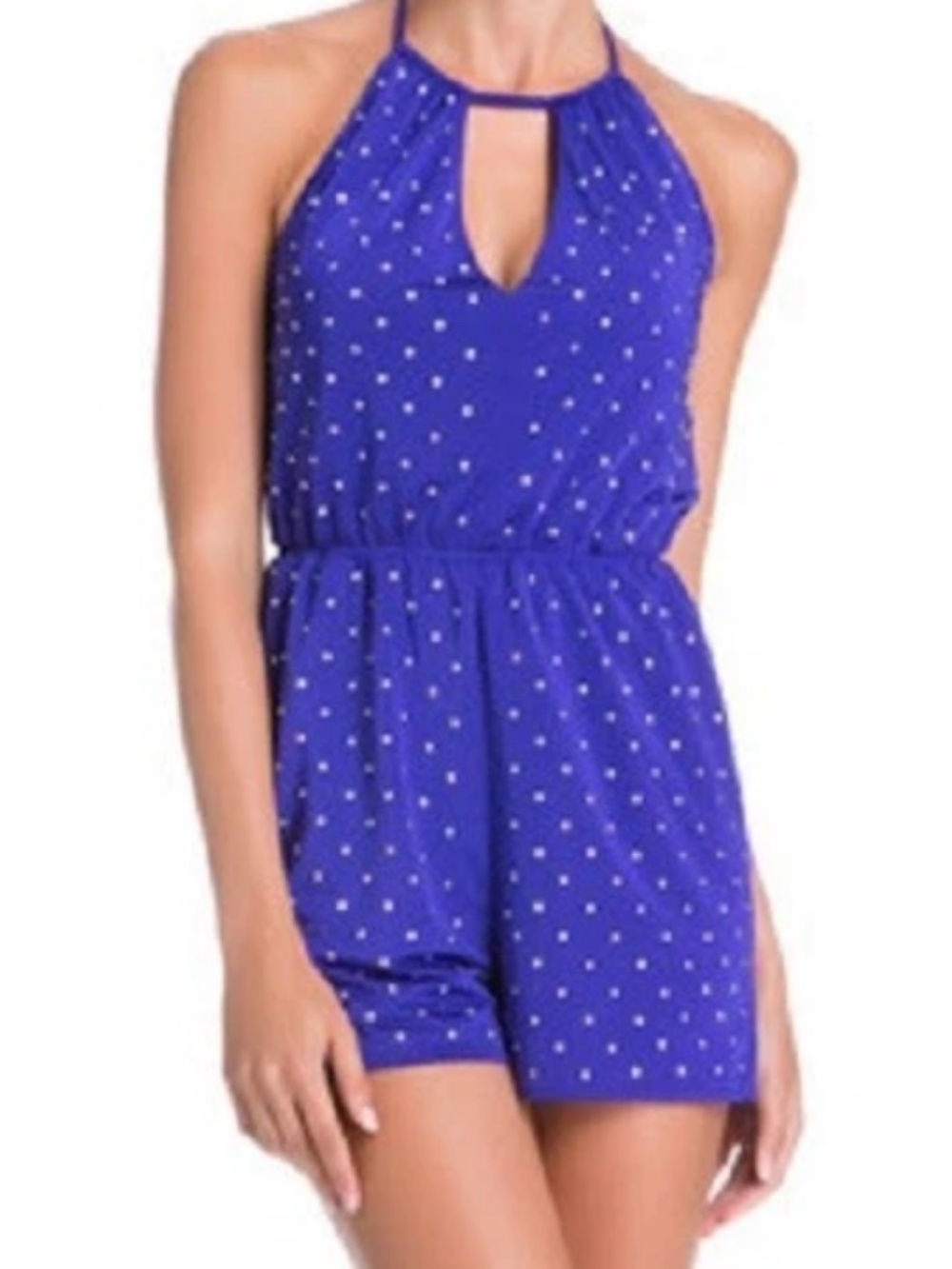 NWT Bebe 2b purple studded halter tie back Sttetchy top romper